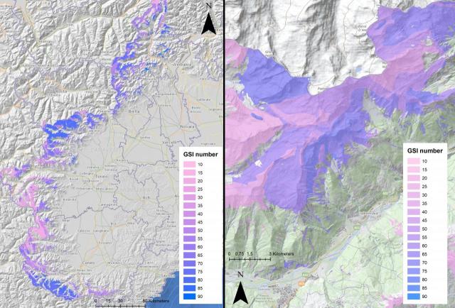 Mappa regionale degli affioramenti rocciosi classificati in base al valore medio di GSI 