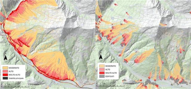 Esempio di grado di connessione (ovvero di esposizione potenziale ai processi di versante) in un settore della Val di Susa