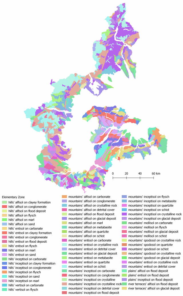 Zone Elementari identificate dall’intersezione dei principali parametri territoriali e la densità di frane superficiali storiche.