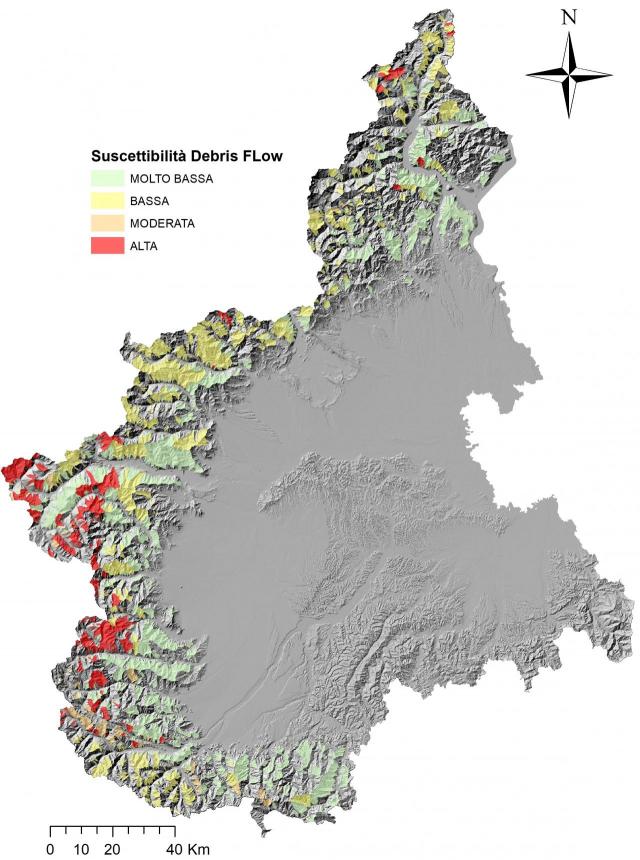 La risultante Mappa di Suscettibilità per le colate detritiche incanalate (debris flow) 