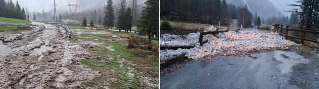 Due zone di arresto di valanghe slush flows scese nella notte tra mercoledì 16 e giovedì 17 aprile sulla viabilità di fondovalle della Val Formazza tra l’abitato di Chiesa e la frazione S. Michele, (Foto CLV Val Formazza); da notare la grande quantità di acqua e fango mista a neve.