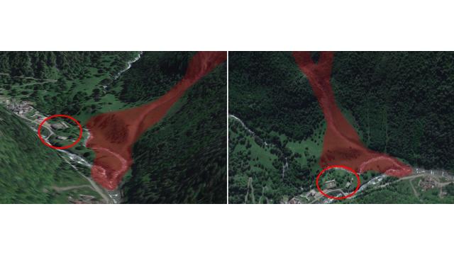 Due immagini della zona di arresto della valanga di “Fontanetta” nel comune di Valprato Soana (TO) in Val Soana estrapolate dal SIVA 3D del nuovo portale delle valanghe in Piemonte. Nel cerchio in rosso il cimitero e il condominio danneggiato dalla valanga che come si nota non erano mai state interessate dalla valanga