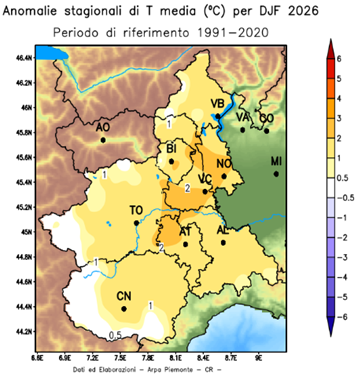 Anomalia della temperatura media nell’inverno 2025/2026 rispetto alla media del periodo 1991-2020