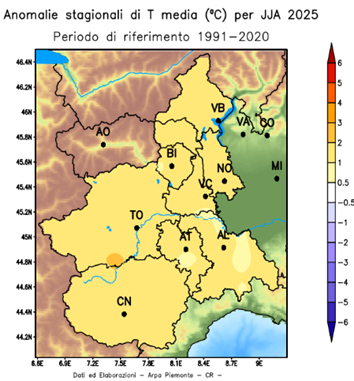 Anomalia della temperatura media nell’estate 2025 in Piemonte rispetto alla media del periodo 1991-2020