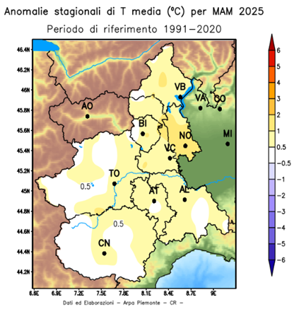 Anomalia della temperatura media nella primavera 2025 in Piemonte rispetto alla media del periodo 1991-2020 