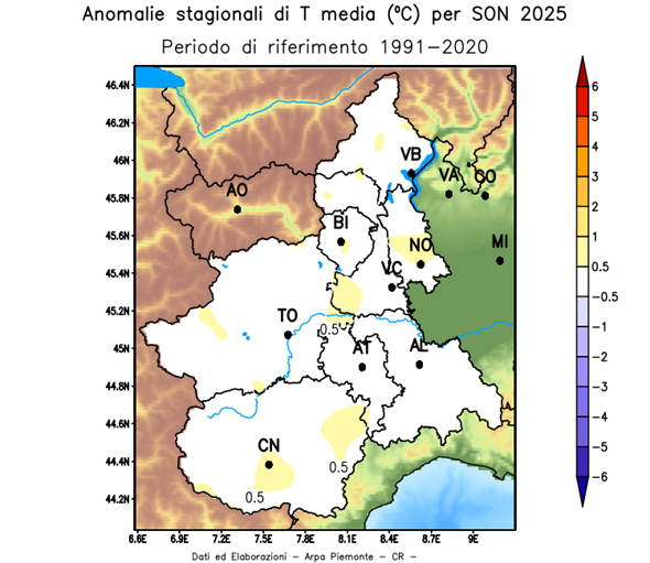 Anomalia della temperatura media nell’autunno 2025 rispetto alla media del periodo 1991-2020 