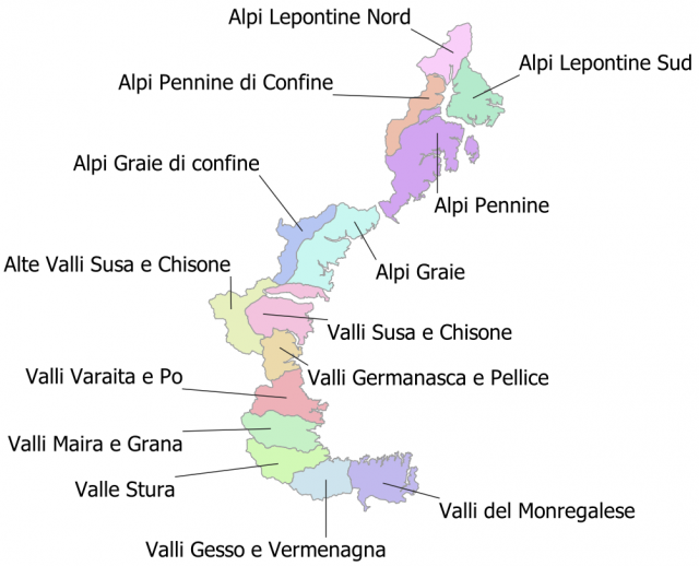 Figura 2: Suddivisione dell’arco alpino piemontese nelle 14 singole meteonivozone che, a seconda delle condizioni, vengono aggregate per caratteristiche uniformi. 