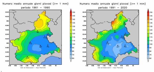 Differenza del numero medio annuo di giorni piovosi (≥ 1 mm) in Piemonte nei periodi 1961–1990 ( a sinistra) e 1991–2020 (a destra) - Fonte Arpa Piemonte