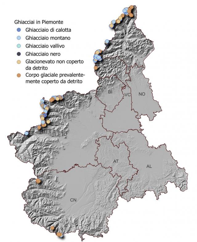 Figura 2 – Distribuzione dei ghiacciai in Piemonte divisi per tipologia