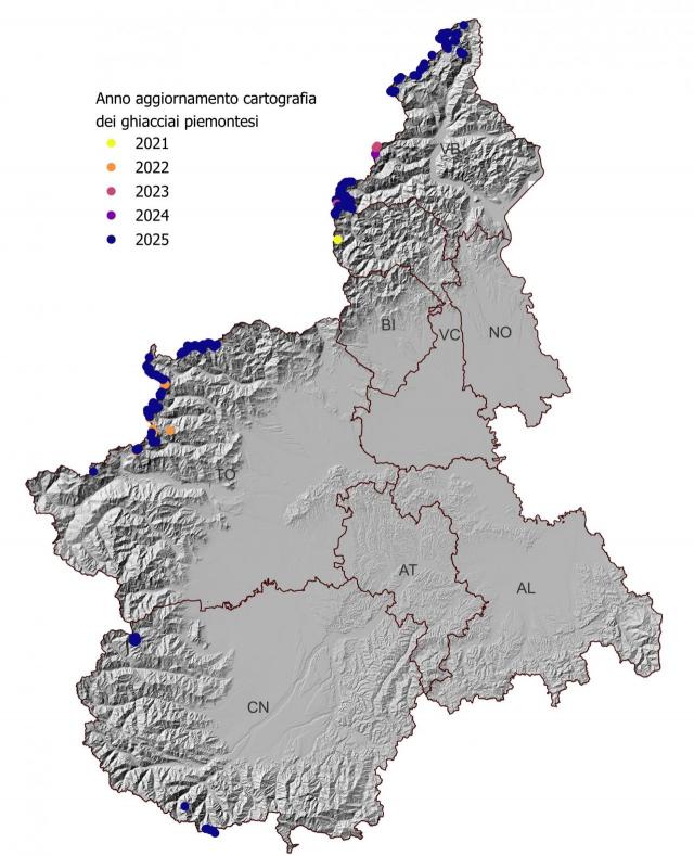 Stato di aggiornamento dei limiti dei ghiacciai piemontesi