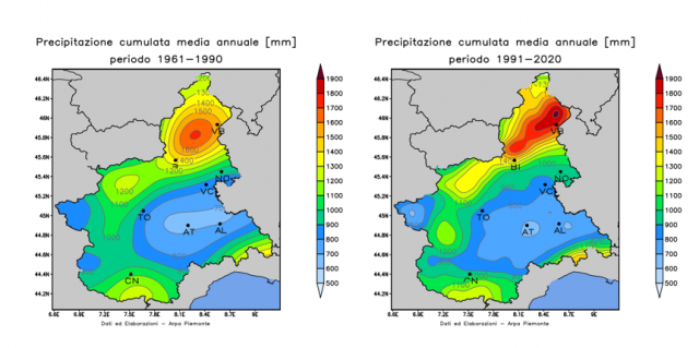 Precipitazione media annua nei periodi 1961–1990 (a sinistra) e 1991–2020 (a destra) in Piemonte - Fonte Arpa Piemonte
