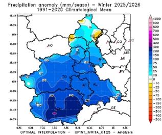Anomalia della precipitazione cumulata nell’inverno 2025-2026