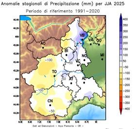 Anomalia della precipitazione cumulata nell’estate 2025