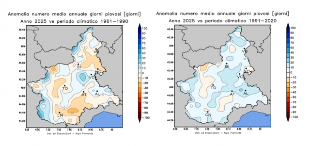 Anomalia del numero medio annuo di giorni piovosi nel 2025 rispetto ai periodi climatici 1961–1990 8 a sinistra) e 1991–2020 (a destra)  
