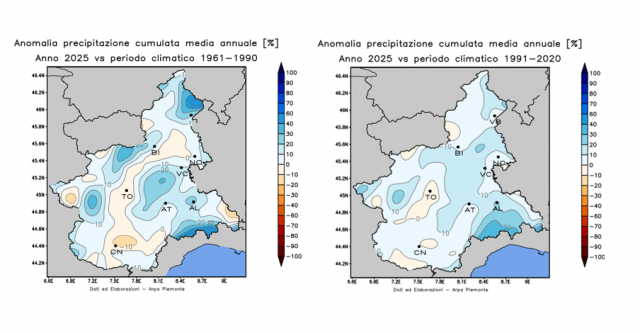 Anomalia percentuale della precipitazione cumulata media annua nel 2025 rispetto ai periodi climatici di riferimento 1961–1990 (a sinistra) e 1991–2020 (a destra)  