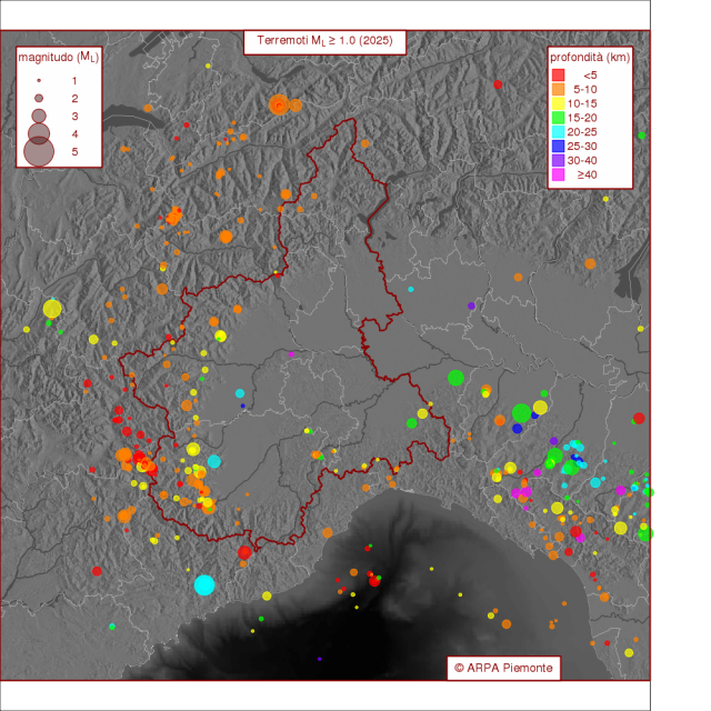 Localizzazione dei terremoti rilevati dalla rete sismica della Regione Piemonte nel 2025 - Fonte: Arpa Piemonte