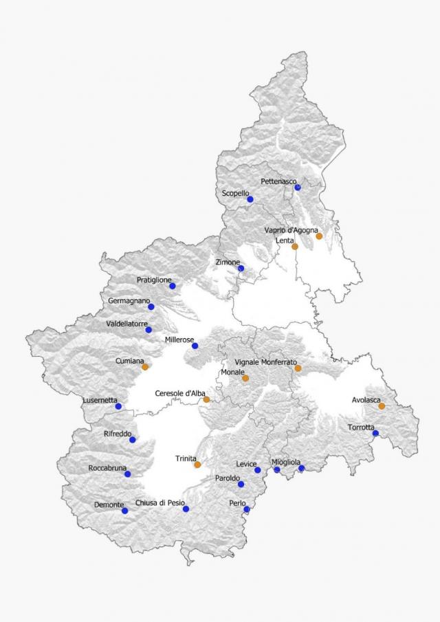 Fig.3 - Distribuzione sul territorio regionale dei siti di monitoraggio: in blu le località verificate per l’Operazione 13.1.1, in arancione quelle per l’Operazione 10.1.4. (Fonte dati: IPLA)