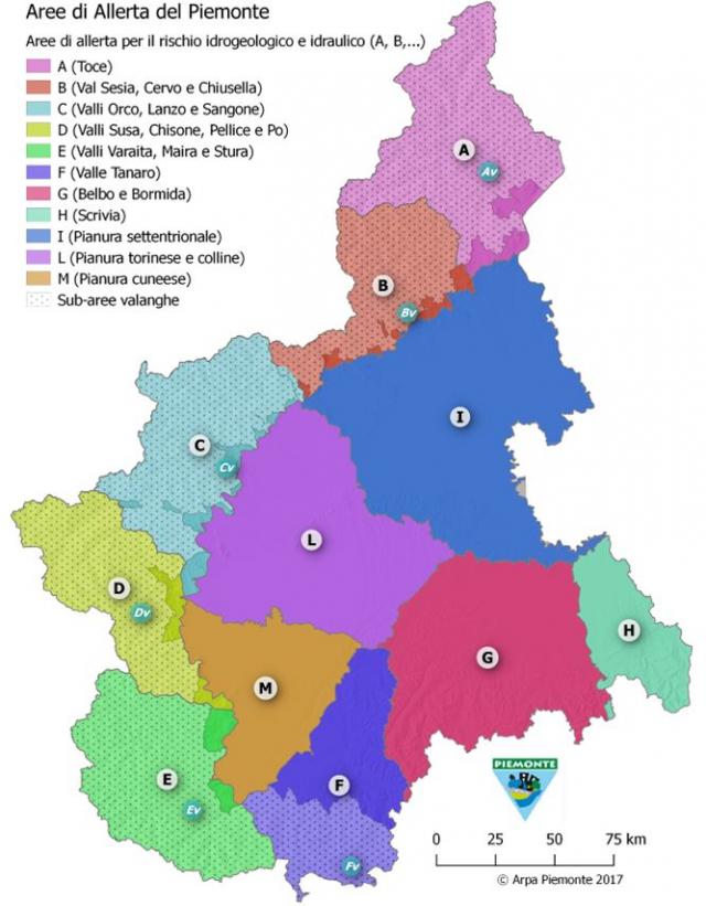 Suddivisione del Piemonte nelle 11 aree di allerta; l’allerta valanghe viene emessa per le zone montane delle aree A, B, C, D, E, F (Av, Bv, Cv, Dv, Ev, Ev)
