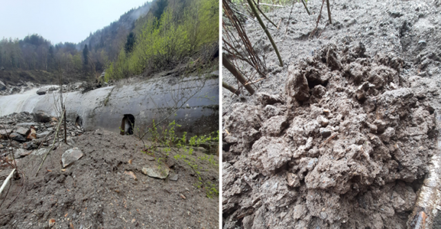 Accumulo della valanga mista a detrito che ha interessato il paravalanghe sulla statale che porta a Macugnaga. Sulla sinistra si nota l’apertura della galleria dalla quale è entrata parte della neve mista alla grande componente di acqua e fango; sulla destra un particolare dell’accumulo costituito da neve mista a fango e detriti (Foto CLV valle Anzasca) 