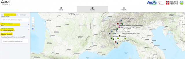 Fig.  2 - La cartografia dei geositi in Piemonte. A sinistra è presente il pannello con l’elenco dei geositi. L’elenco può essere filtrato per nome, provincia e interesse scientifico primario. Cliccando su uno dei siti filtrati si accede alla story map del geosito.
