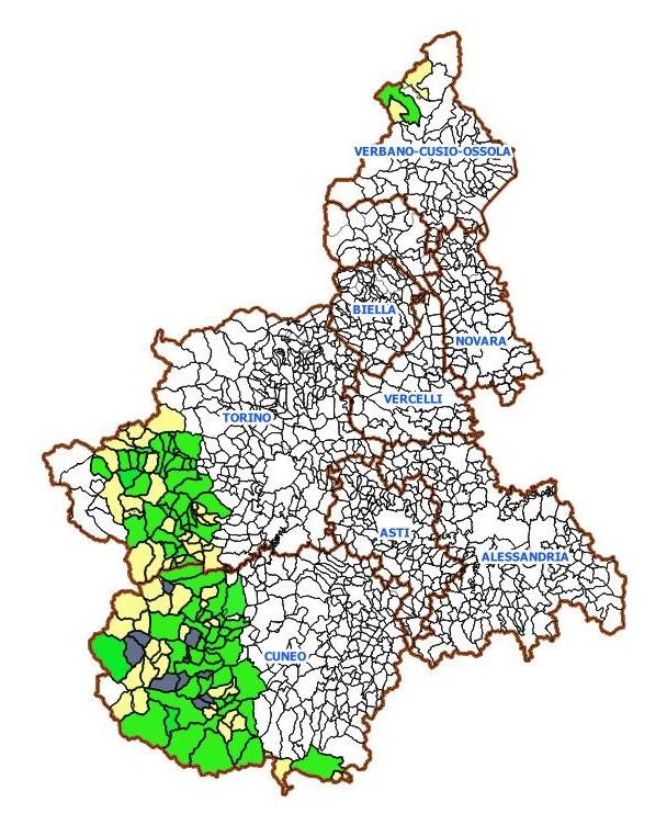 Comuni finanziati per studi di MS e CLE: evidenziati in verde gli studi realizzati e in completamento, in giallo i Comuni potenzialmente interessati dai contributi, in blu quelli in fase di validazione/approvazione.