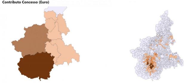 Fig. 1 -  Distribuzione geografica degli interventi di riduzione delle emissioni (SRD02.A) sul territorio della Regione Piemonte