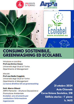 Locandina evento 21 ottobre 2024 sulla normativa europea di lotta al Greenwashing. 